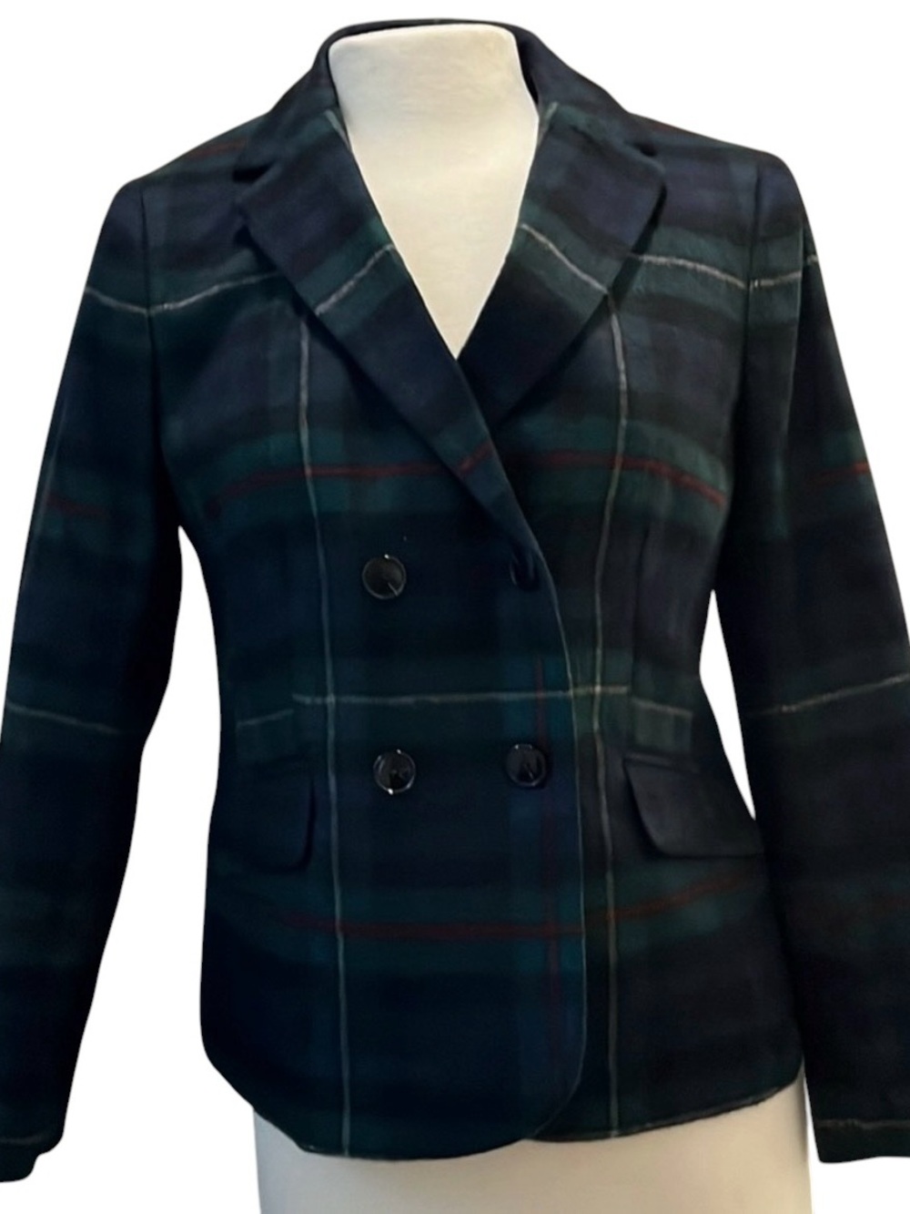 Talbots Dark Green and Black Plaid Double-Breasted Blazer